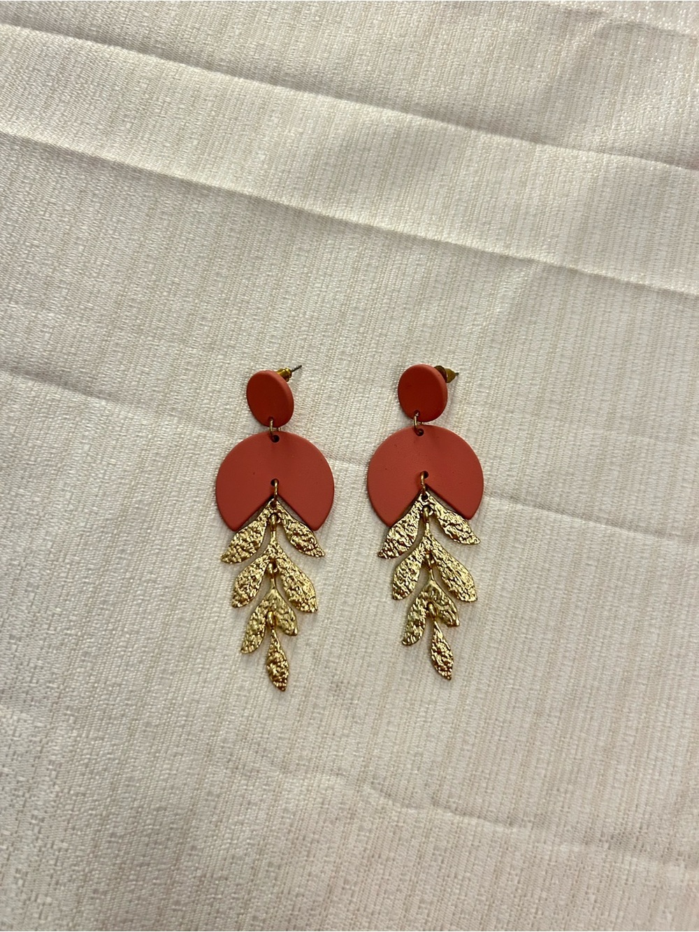 Gold Leaf Dangle Earrings with Dark Pink Accents